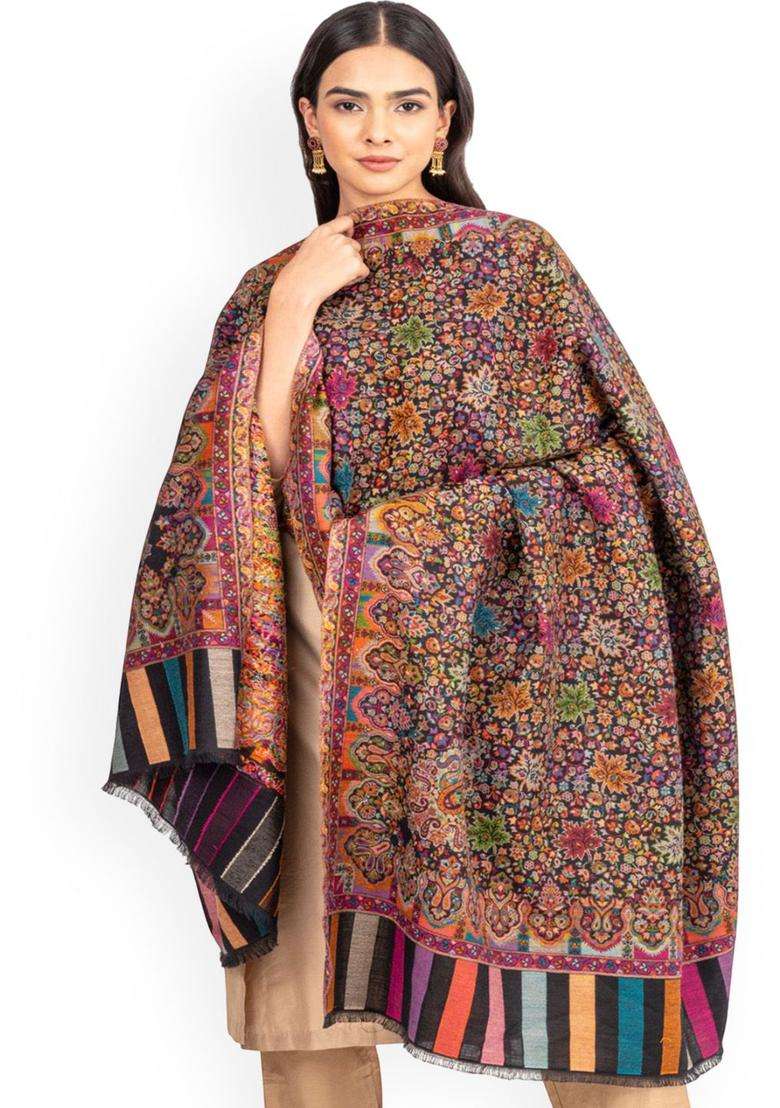 Orange Floral Woolen Shawls - Indya