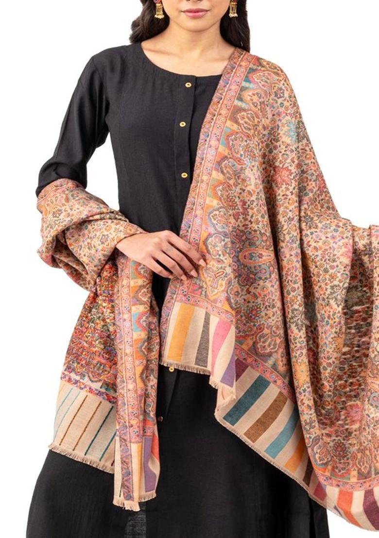 Beige Floral Woolen Shawls - Indya
