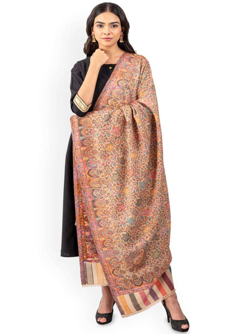 Beige Floral Woolen Shawls - Indya