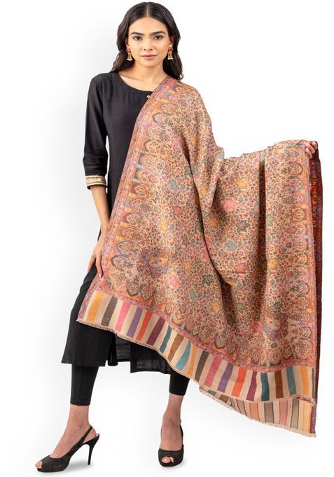 Beige Floral Woolen Shawls