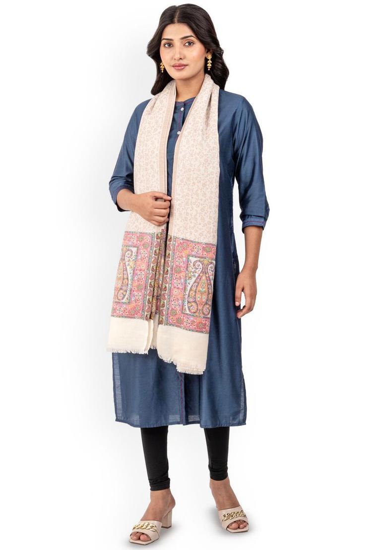 White Woven Design Woolen Shawls - Indya