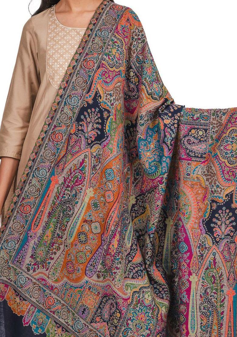 Navy Blue Paisley Woolen Shawls - Indya