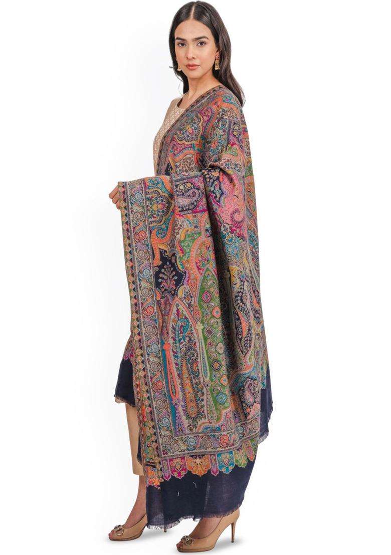 Navy Blue Paisley Woolen Shawls - Indya