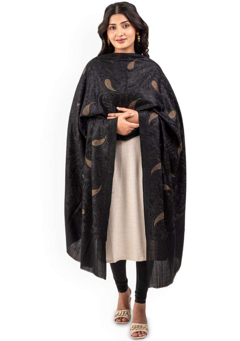 Black Paisley Woolen Shawls - Indya
