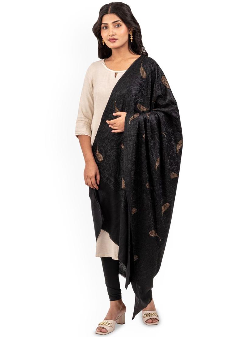 Black Paisley Woolen Shawls - Indya