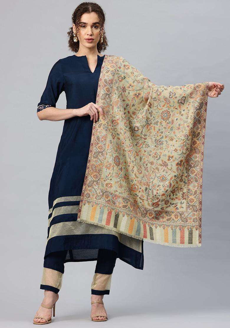 Green Floral Woolen Shawls - Indya