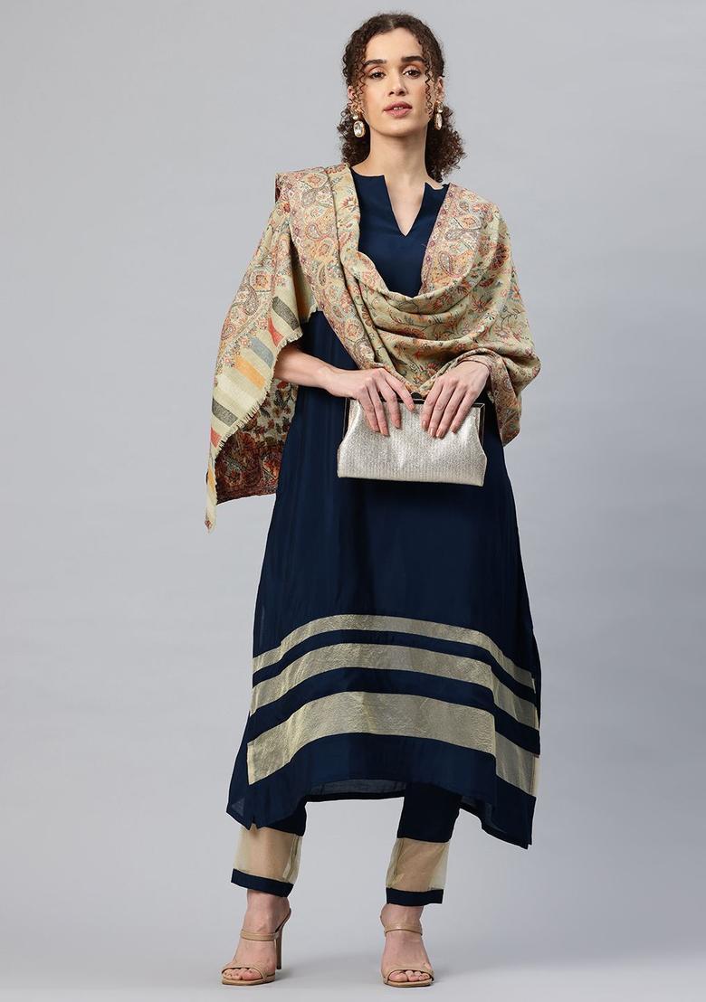 Green Floral Woolen Shawls - Indya