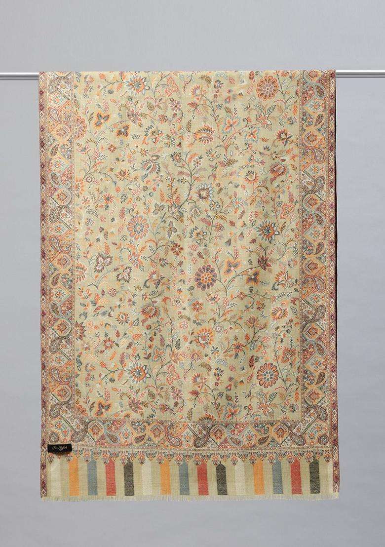 Green Floral Woolen Shawls - Indya