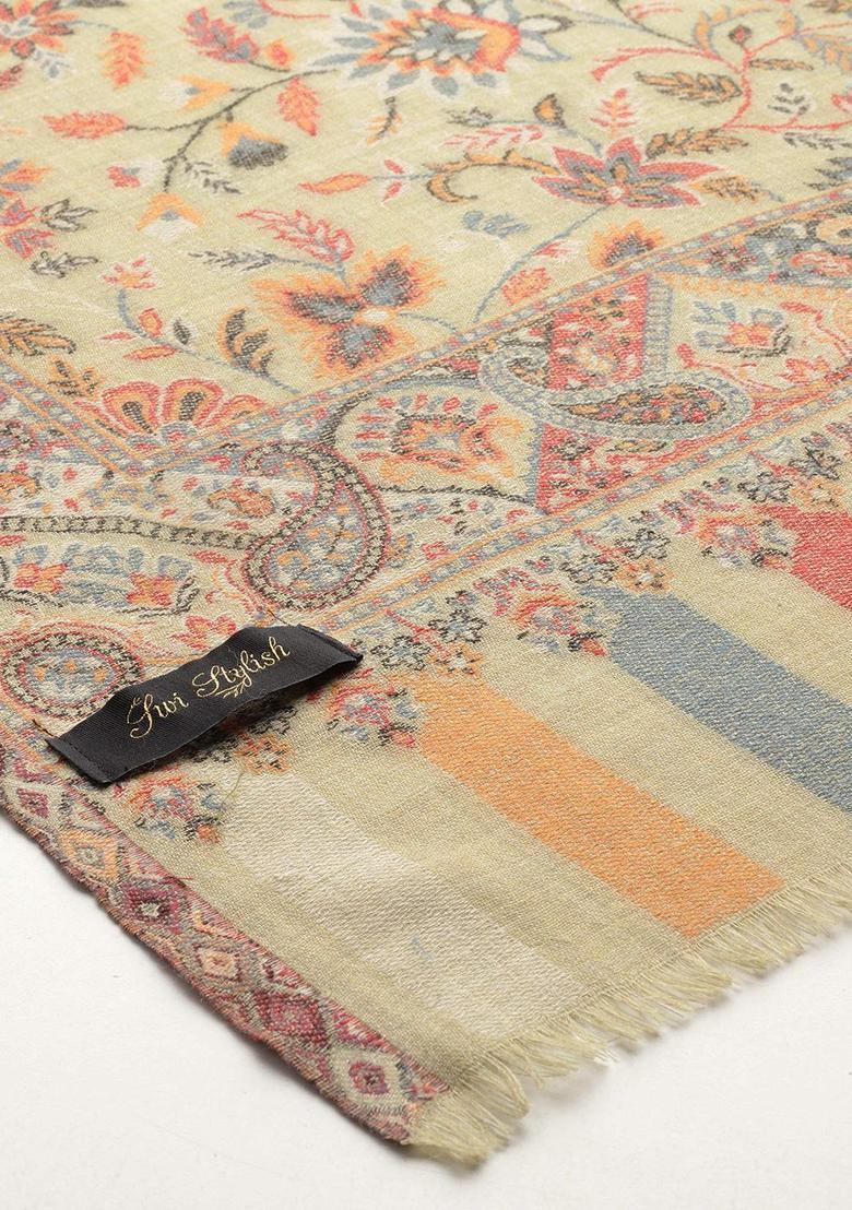 Green Floral Woolen Shawls - Indya