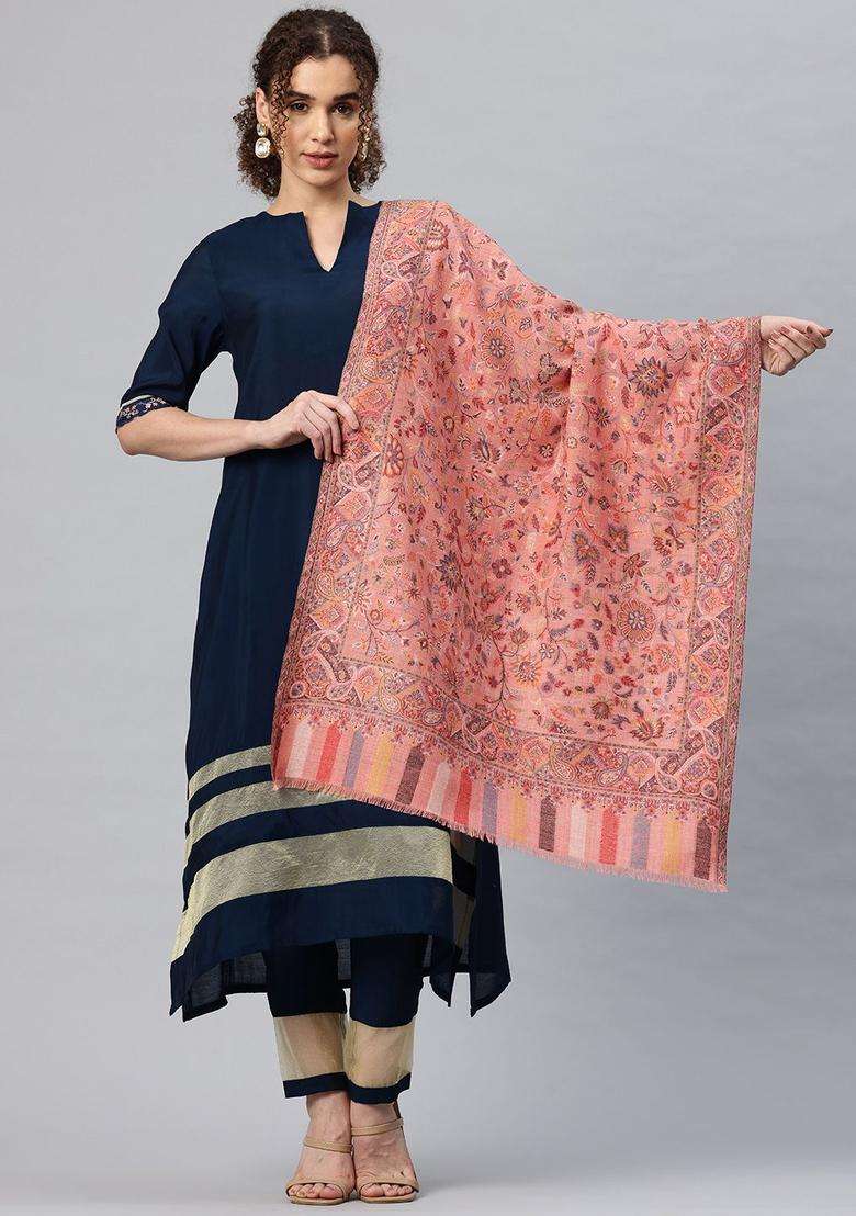 Pink Floral Woolen Shawls - Indya