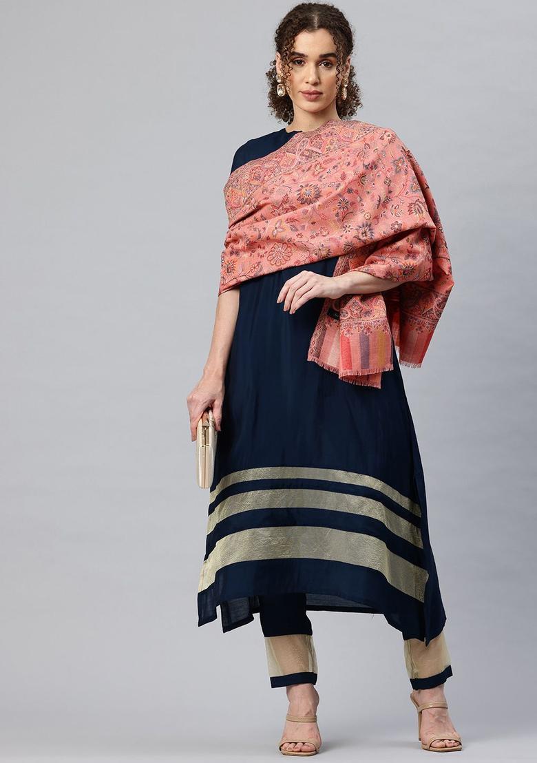 Pink Floral Woolen Shawls - Indya