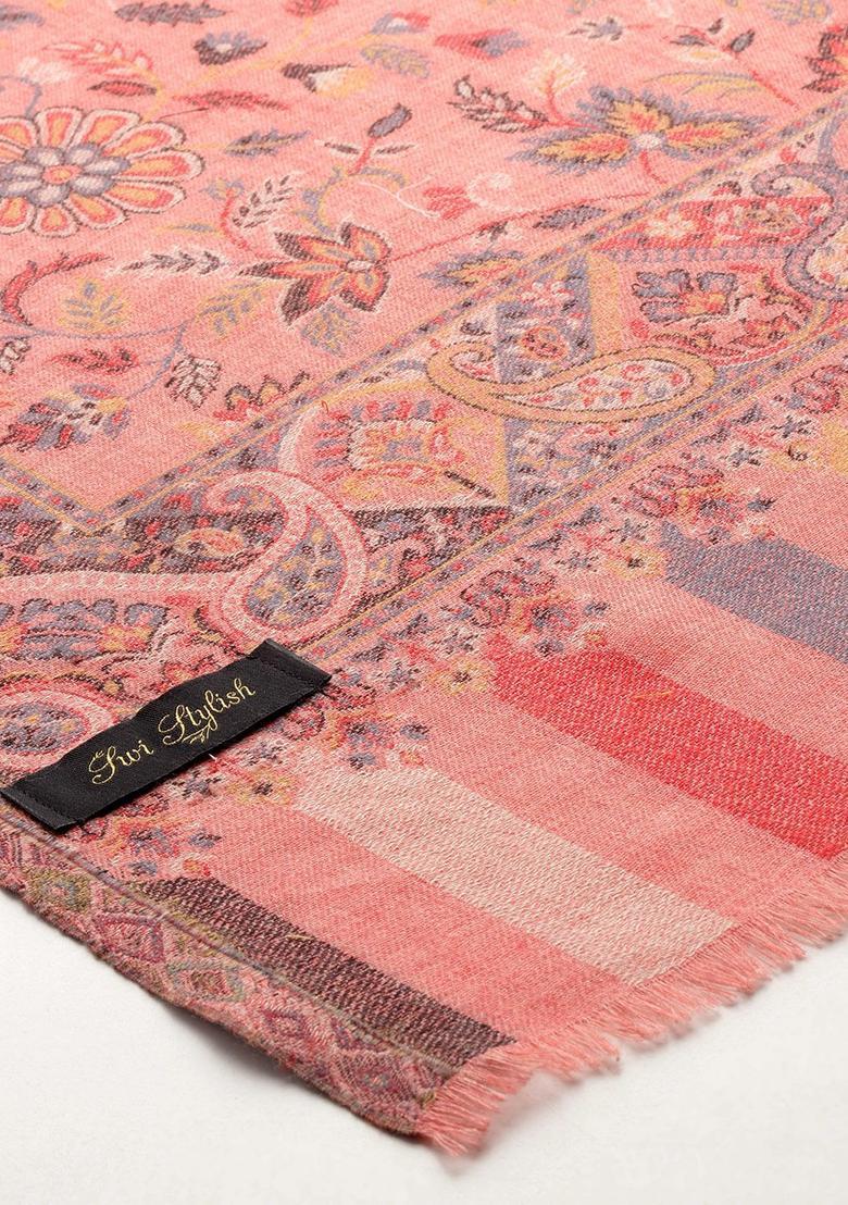 Pink Floral Woolen Shawls - Indya