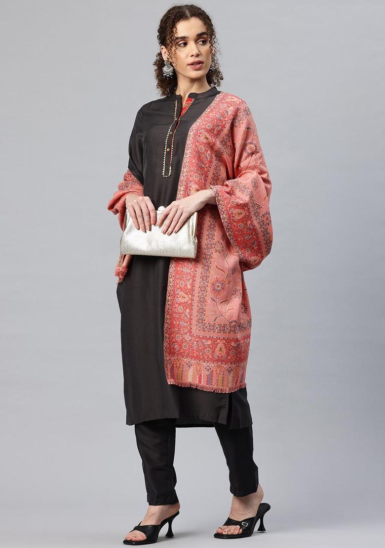 Pink Floral Woolen Shawls - Indya