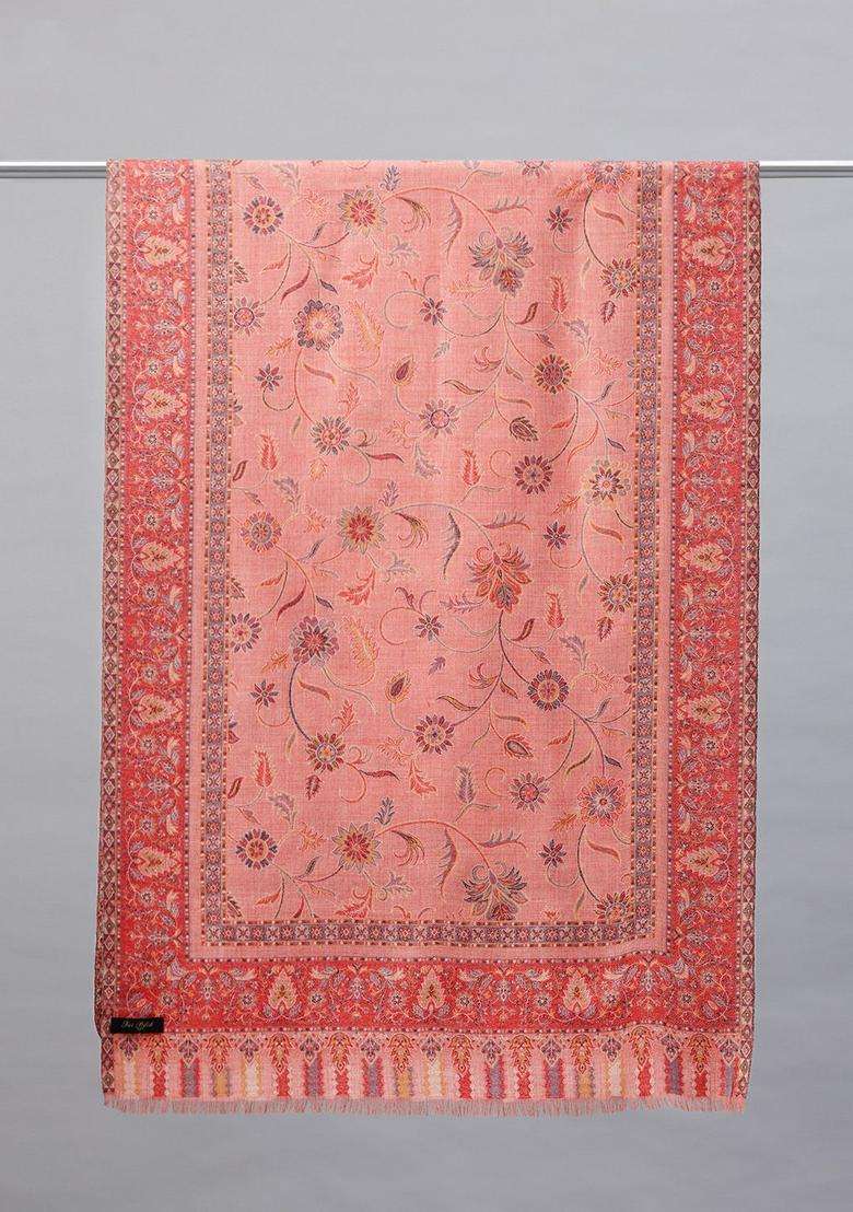Pink Floral Woolen Shawls - Indya