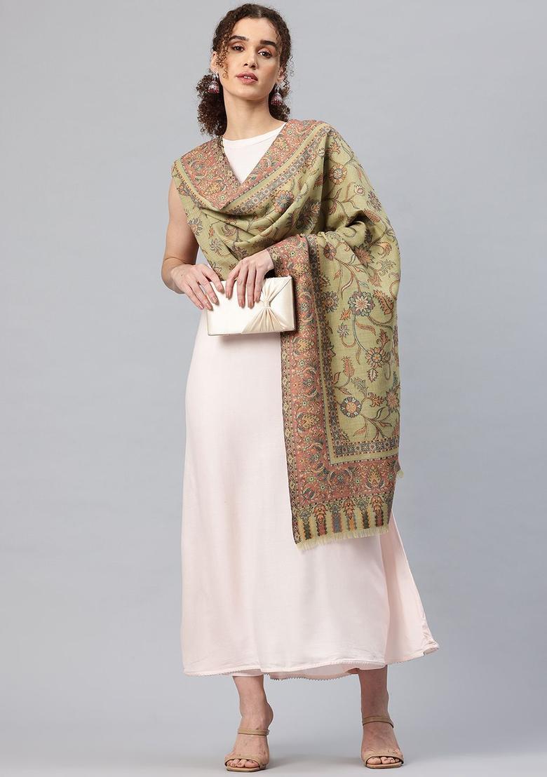 Green Floral Woolen Shawls - Indya