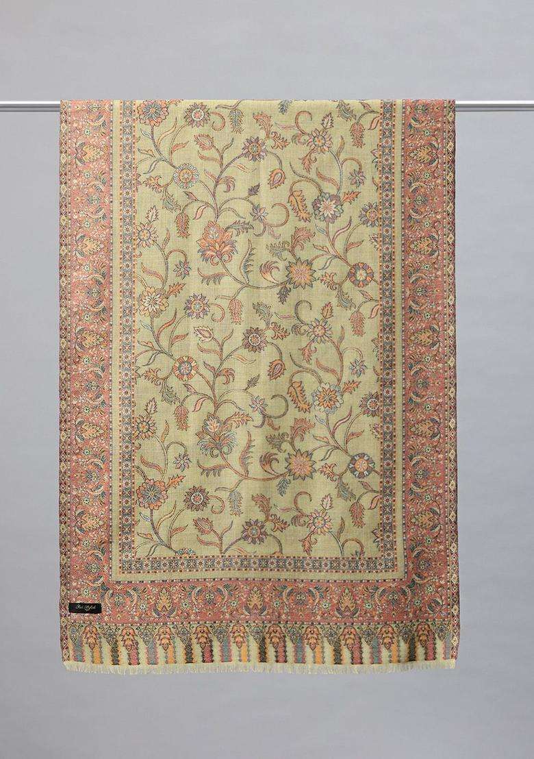 Green Floral Woolen Shawls - Indya