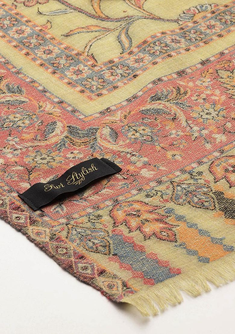 Green Floral Woolen Shawls - Indya
