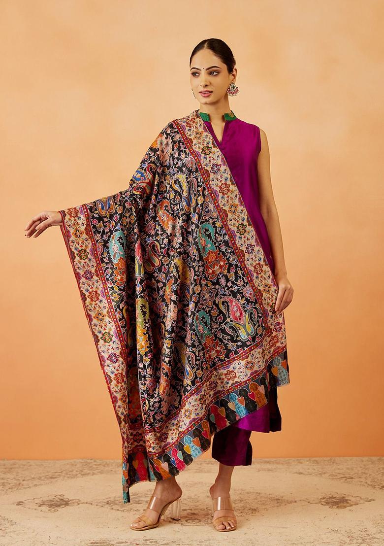 Black Floral Woolen Shawls - Indya