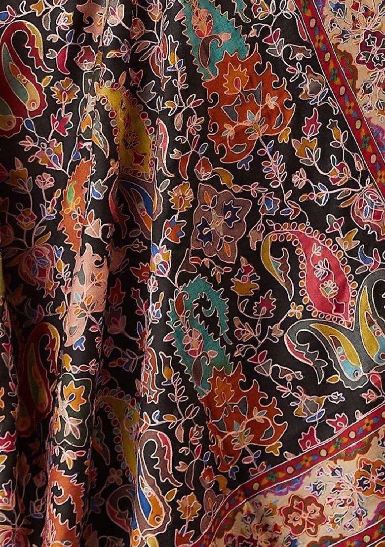 Black Floral Woolen Shawls - Indya