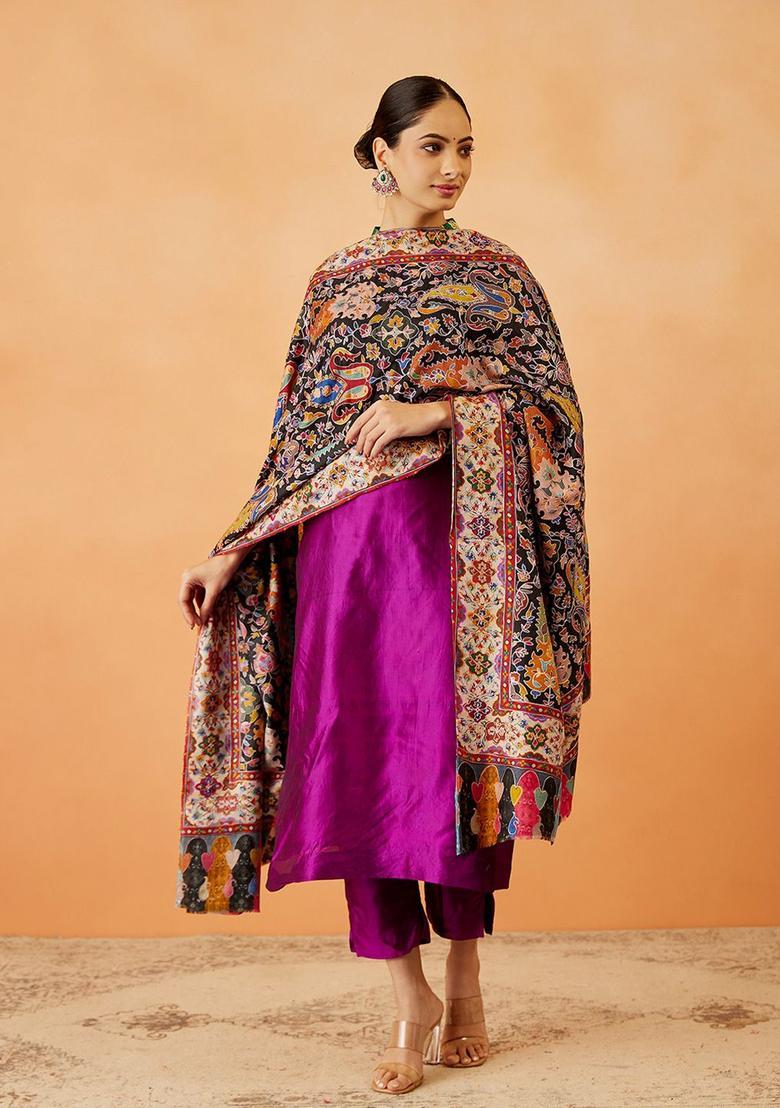 Black Floral Woolen Shawls - Indya