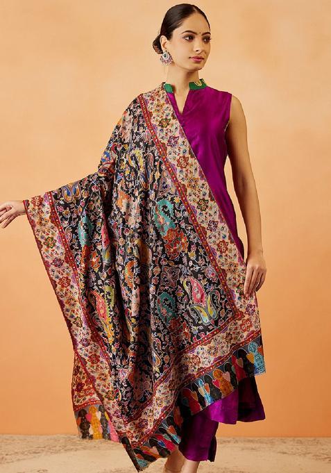 Black Floral Woolen Shawls