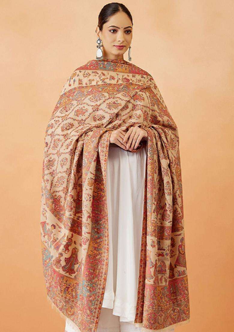 Beige Paisley Woolen Shawls - Indya