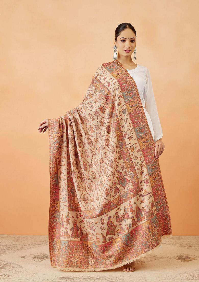 Beige Paisley Woolen Shawls - Indya