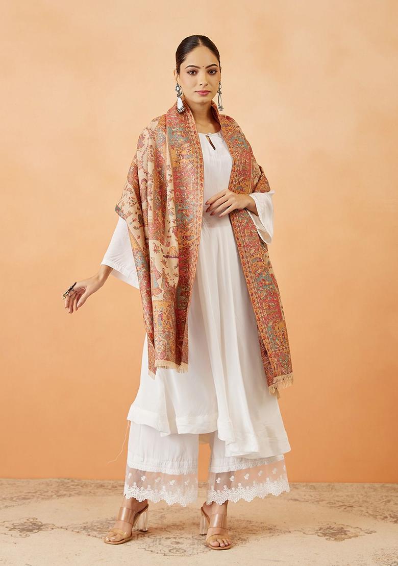 Beige Paisley Woolen Shawls - Indya