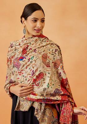 Beige Floral Woolen Shawls