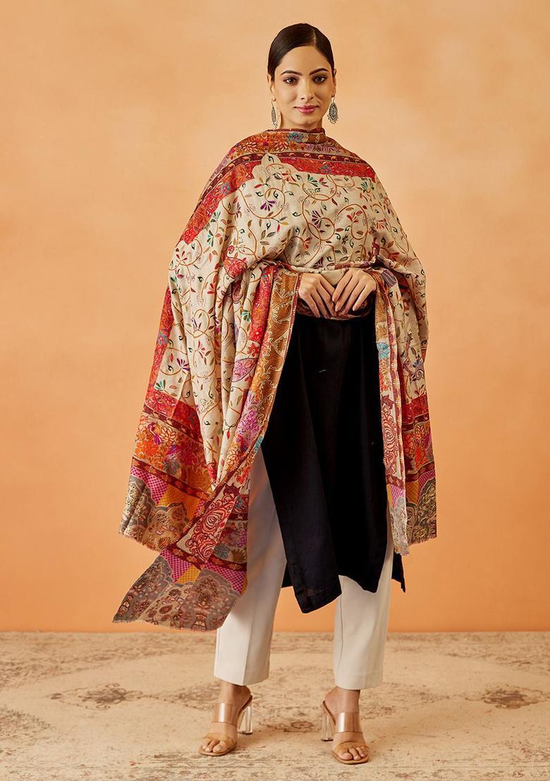 Beige Floral Woolen Shawls - Indya