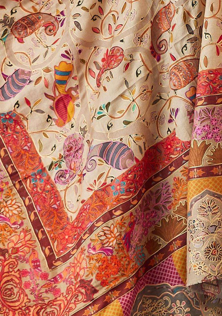 Beige Floral Woolen Shawls - Indya