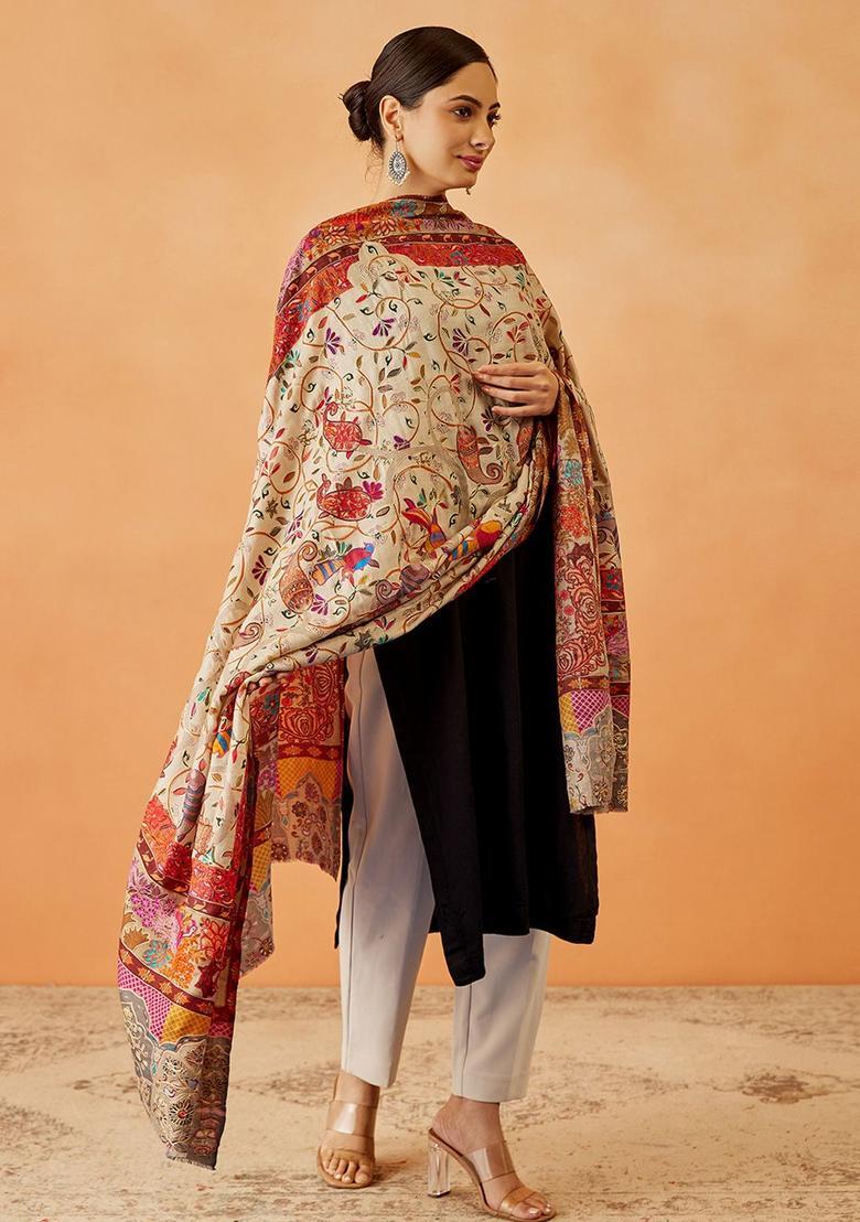 Beige Floral Woolen Shawls - Indya