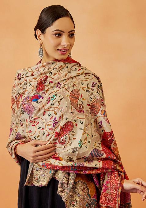 Beige Floral Woolen Shawls