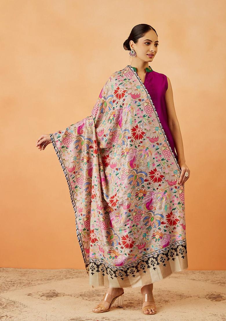 Beige Floral Woolen Shawls - Indya