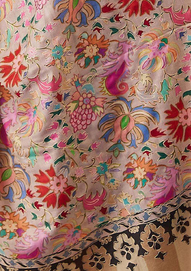 Beige Floral Woolen Shawls - Indya