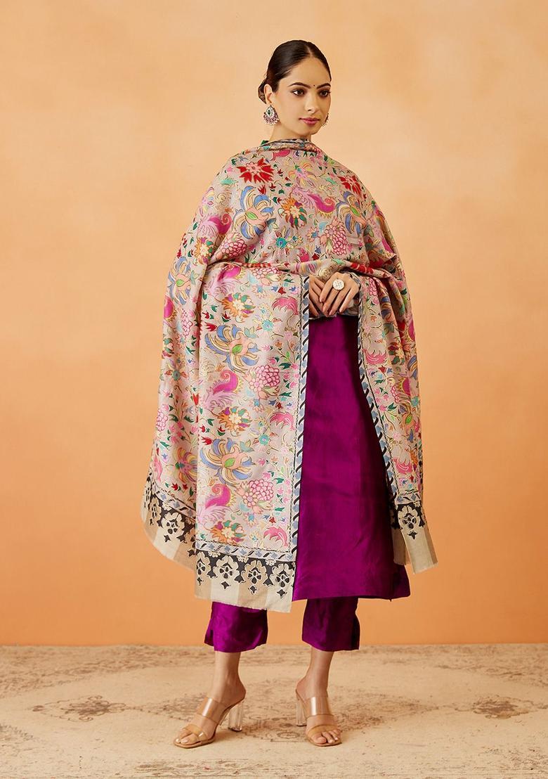 Beige Floral Woolen Shawls - Indya