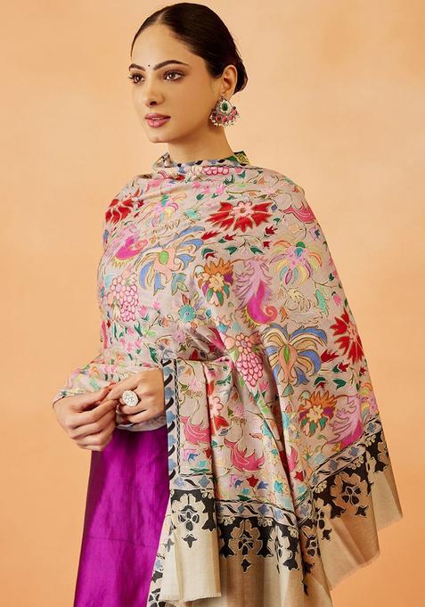 Beige Floral Woolen Shawls