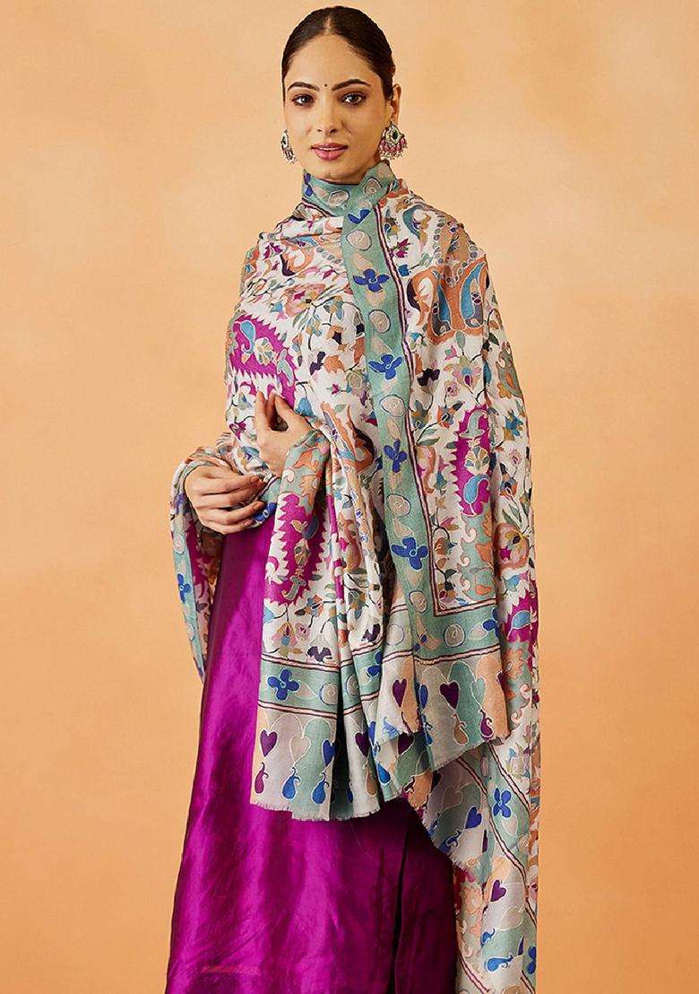 White Floral Woolen Shawls - Indya