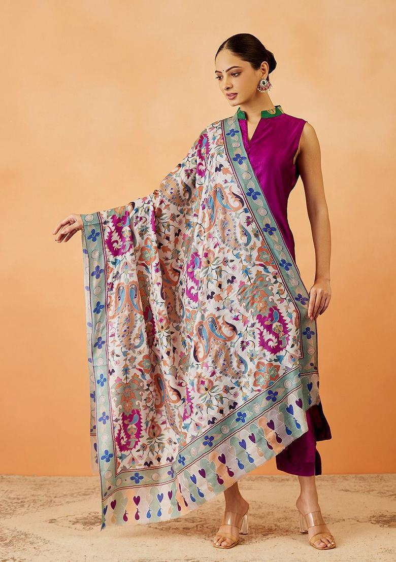 White Floral Woolen Shawls - Indya