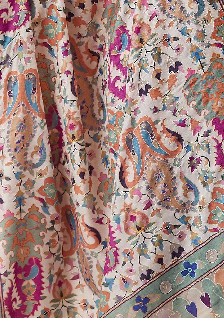 White Floral Woolen Shawls - Indya