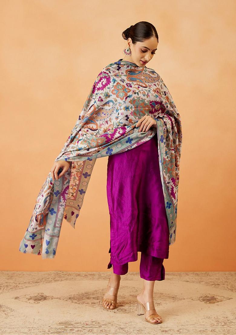 White Floral Woolen Shawls - Indya