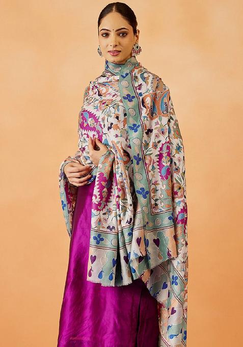 White Floral Woolen Shawls