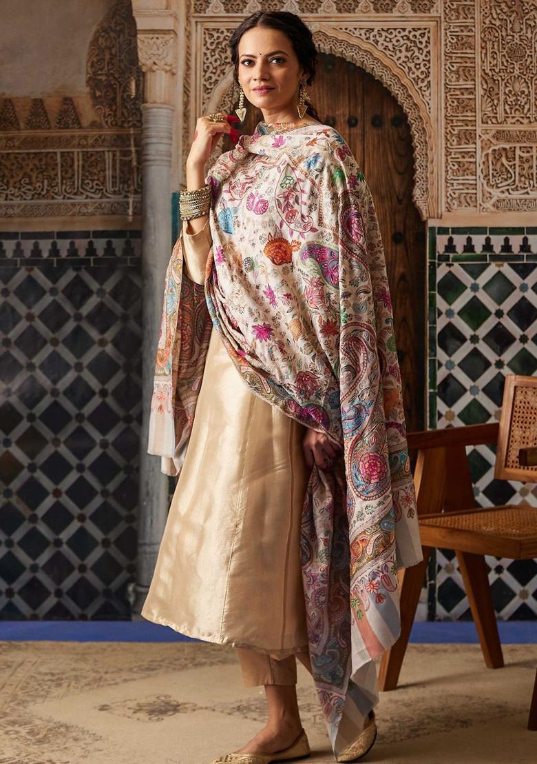 White Floral Woolen Shawls - Indya