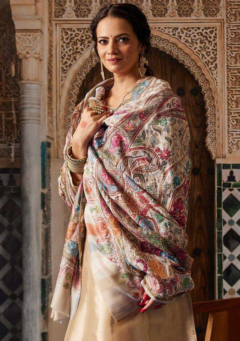 White Floral Woolen Shawls - Indya