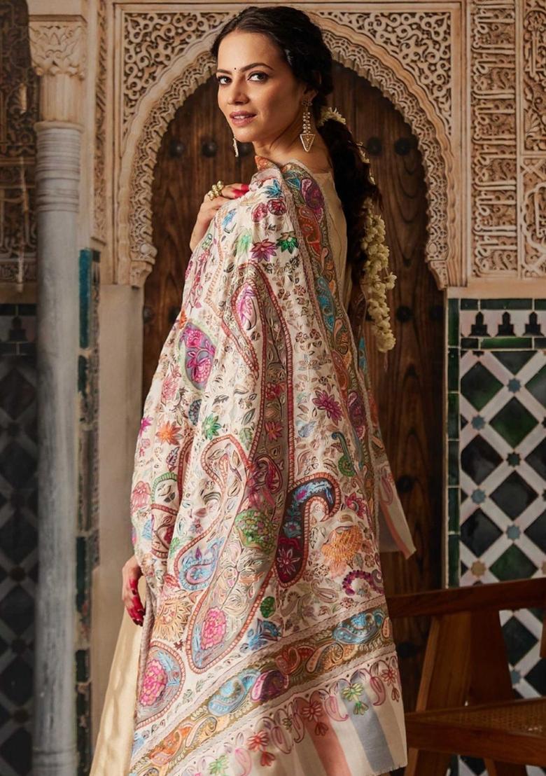 White Floral Woolen Shawls - Indya