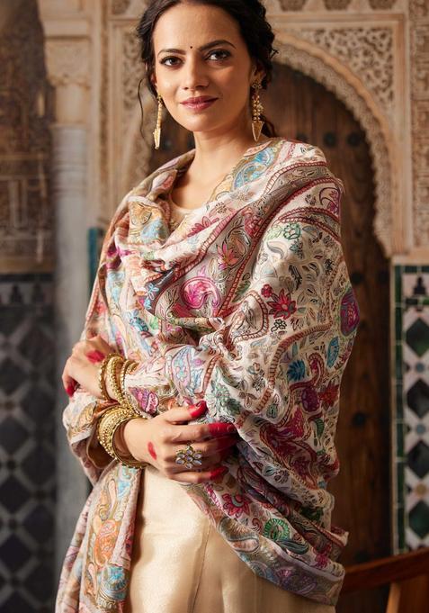 White Floral Woolen Shawls