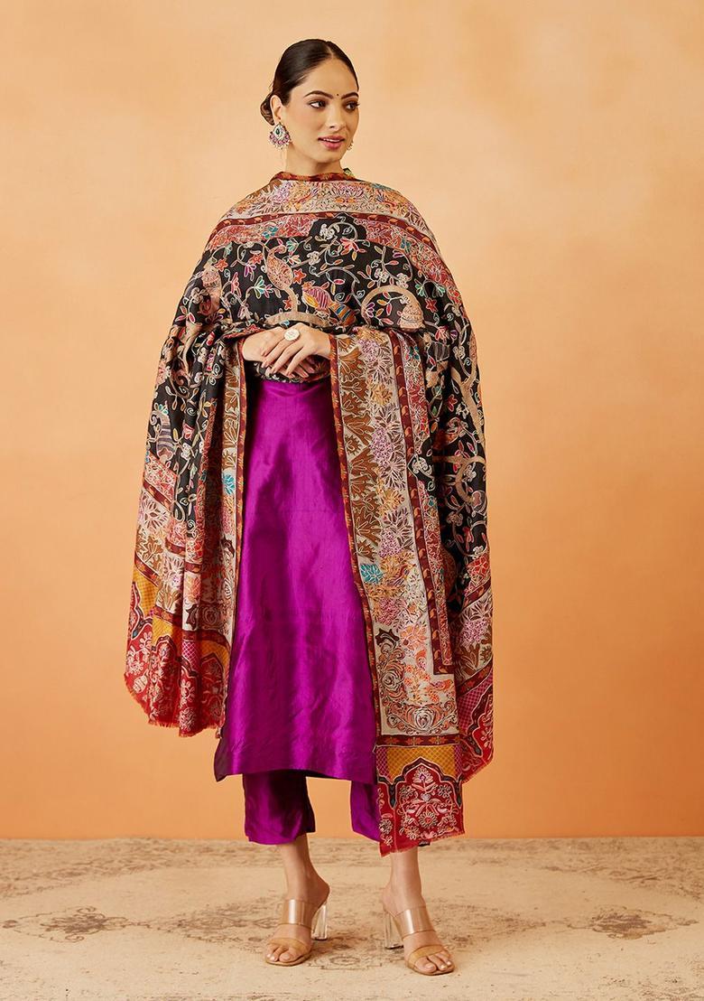 Black Floral Woolen Shawls - Indya