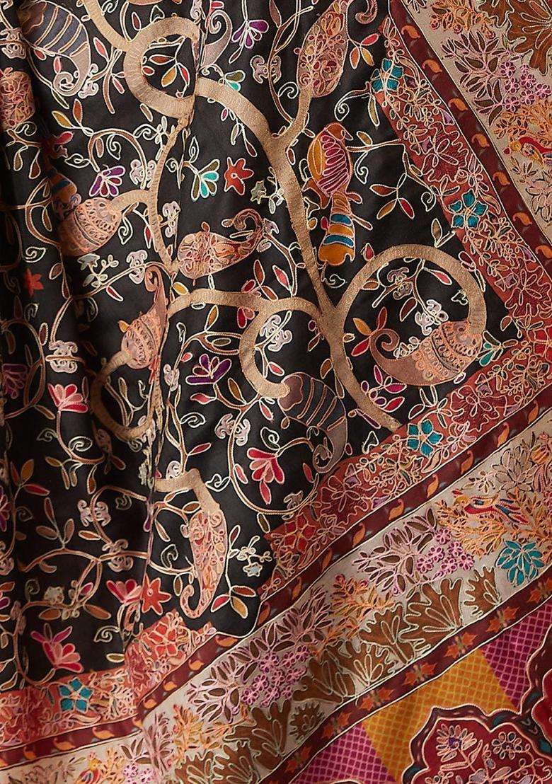 Black Floral Woolen Shawls - Indya