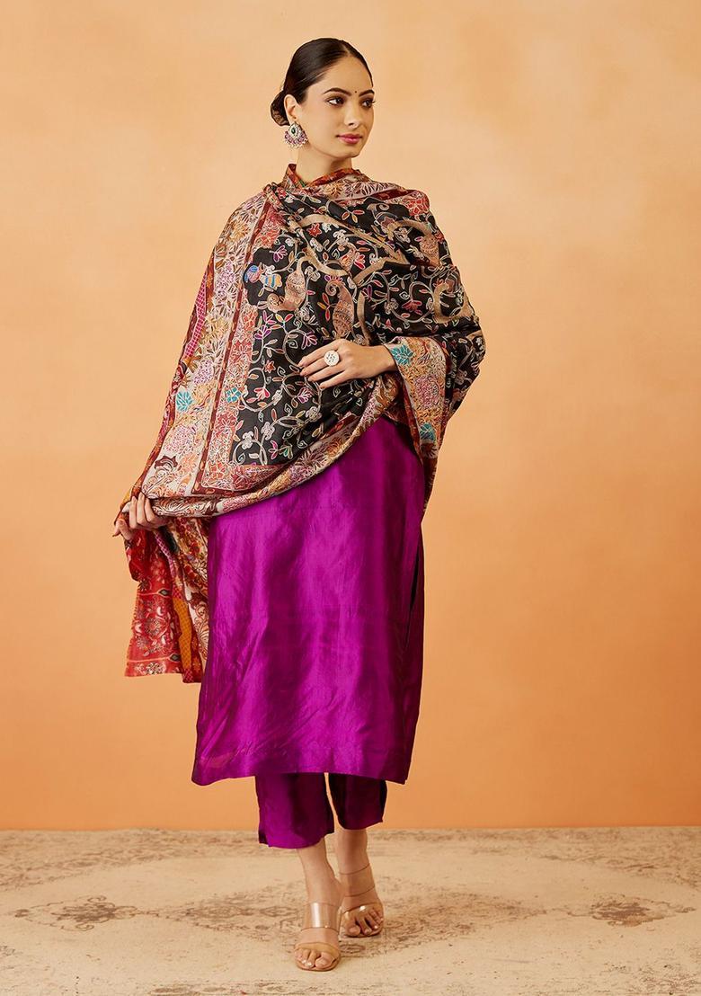 Black Floral Woolen Shawls - Indya