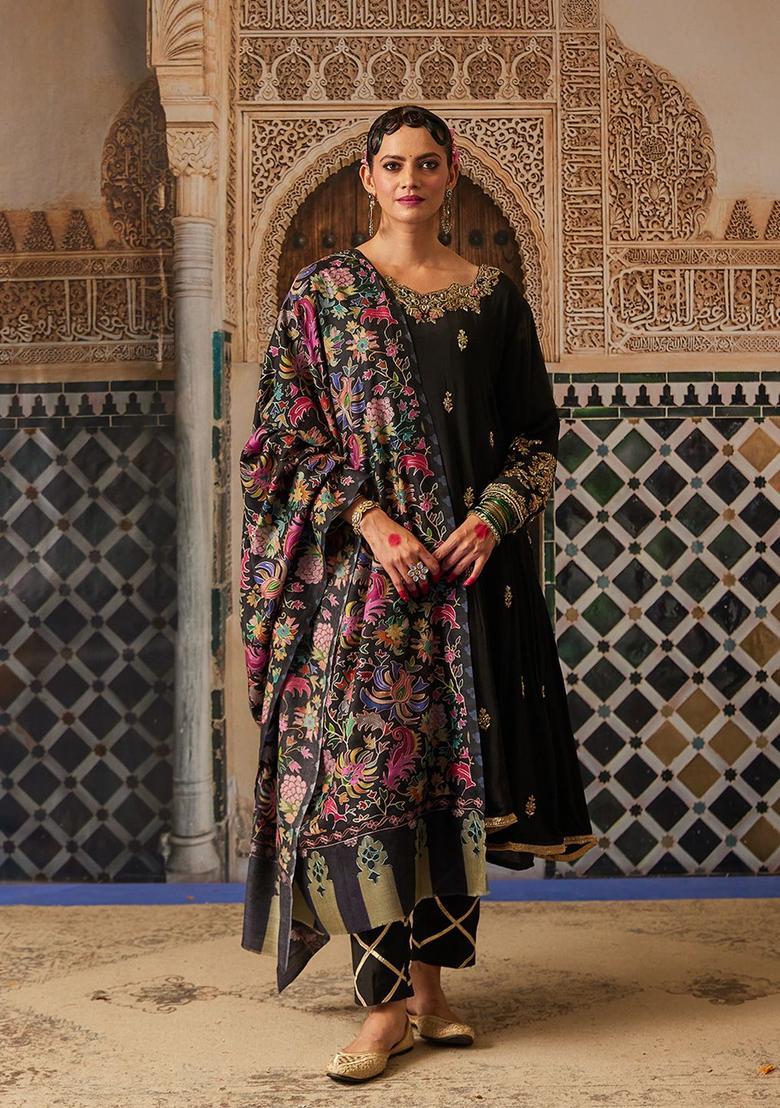 Black Floral Woolen Shawls - Indya